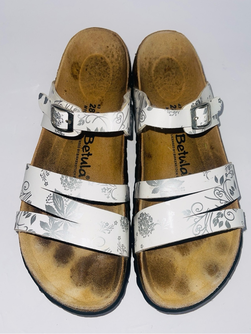 Betula by Birkenstock Floral Sandals Mens 10 / EU 43 White Silver Strappy Slide⁠